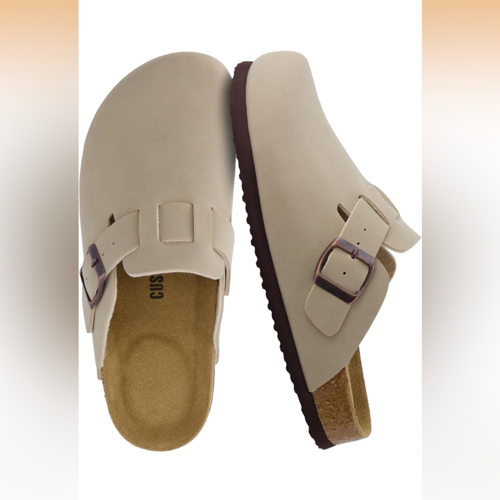 Beige Slip-On Clogs with Buckle cushionare stone